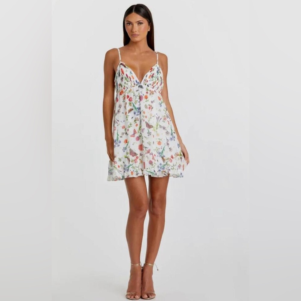 IEENA by Mac Duggal NWT White Butterfly Print Ruffle Hem Mini Dress